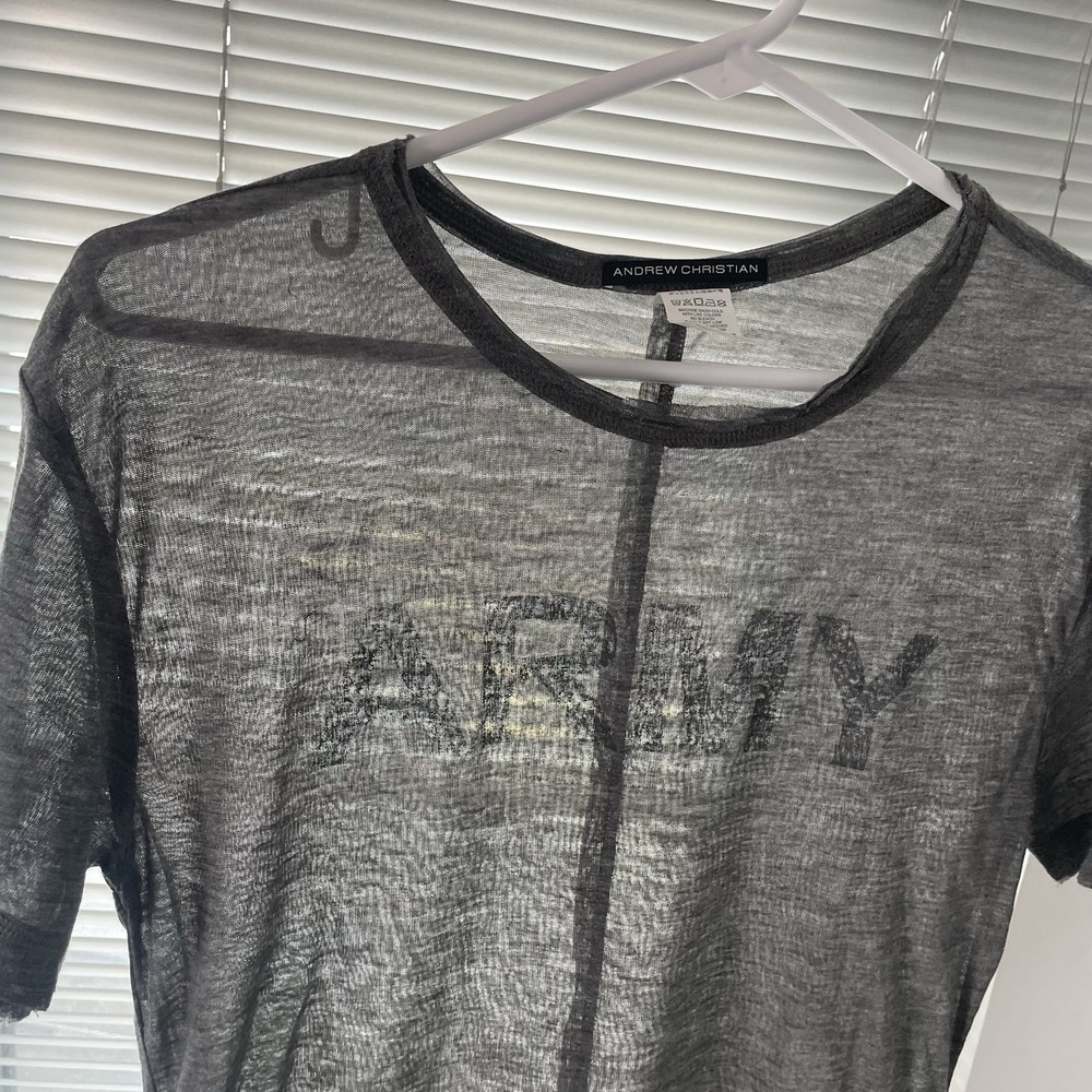 Andrew Christian Shirt Mens Small Gray Army Graphic Sheer Paper Thin